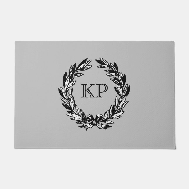 Monogram Welcome Wreath Grey Autumn Doormat (Front)
