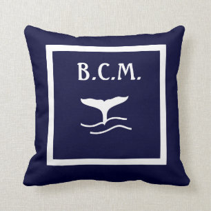 monogram WHALE TAIL ANCHORS WHITE on BLUE Throw Pillow