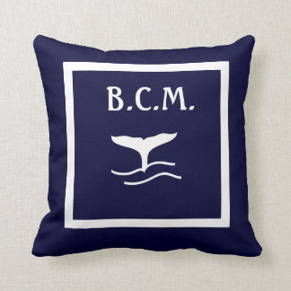 monogram WHALE TAIL ANCHORS WHITE on BLUE Throw Pillow