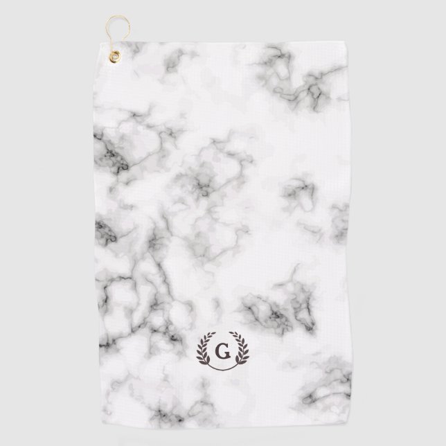 Monogram Wheat Laurel on White Marble Golf Towel (Front)