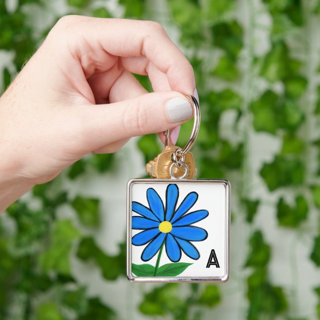 Monogram Whimsical Blue Daisy Keychain (Hand)