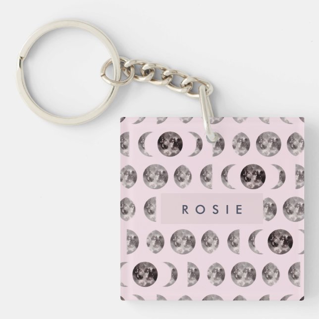 Monogram Whimsical Dreamy Moon Phases Gifts Keychain (Front)