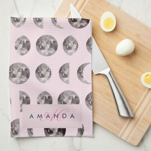Monogram Whimsical Dreamy Moon Phases Gifts Kitchen Towel (Quarter Fold)