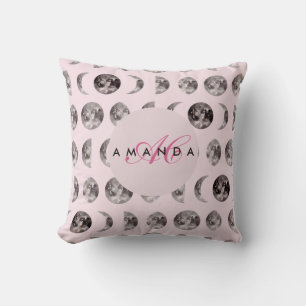 Monogram Whimsical Dreamy Moon Phases Pattern Throw Pillow