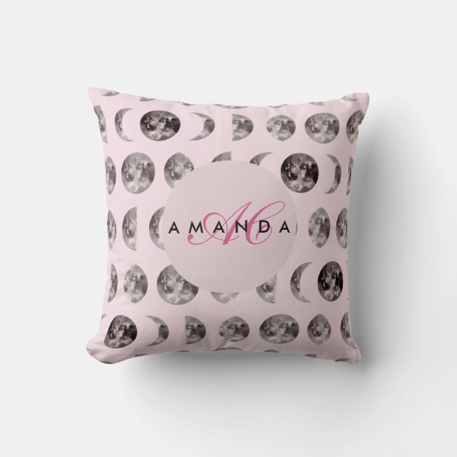 Monogram Whimsical Dreamy  Moon Phases Pattern Throw Pillow (Front)
