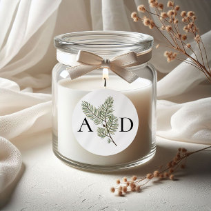 Monogram Whimsical Green and Gold Pine Wedding Classic Round Sticker