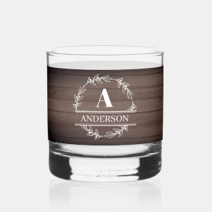 Monogram Whiskey Glass Rustic Wood