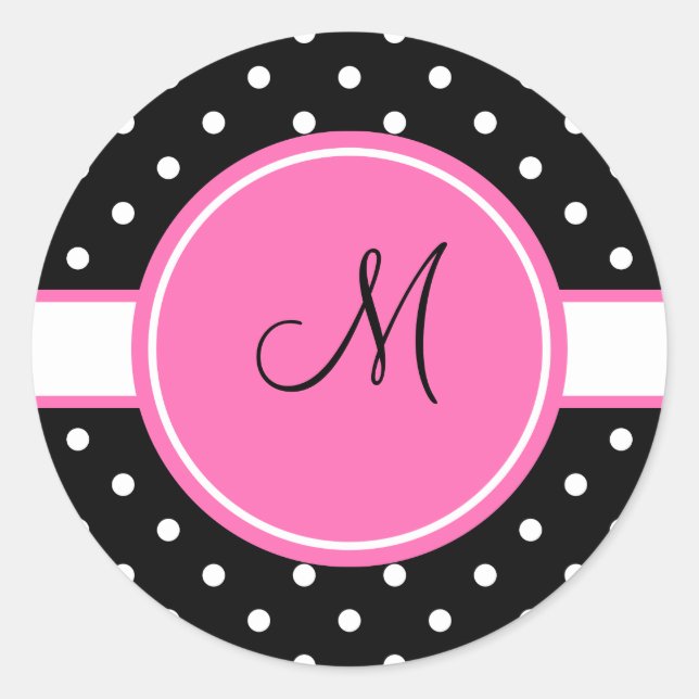 Monogram White and Black Polka Dot Pattern Classic Round Sticker (Front)