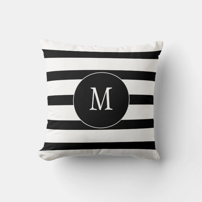 Monogram White and Black Stripes Throw Pillow (Front)