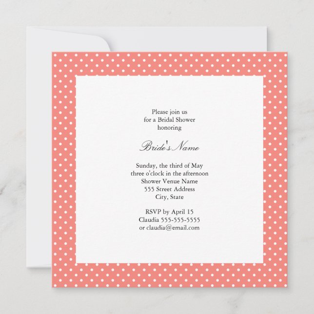 Monogram White and Coral Pink Polka Dot Bridal Invitation (Front)
