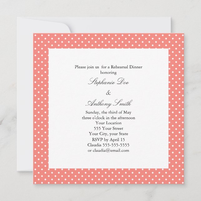 Monogram White and Coral Pink Polka Dot Rehearsal Invitation (Front)