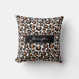 Monogram White and Gold Foil Cheetah Pattern Throw Pillow