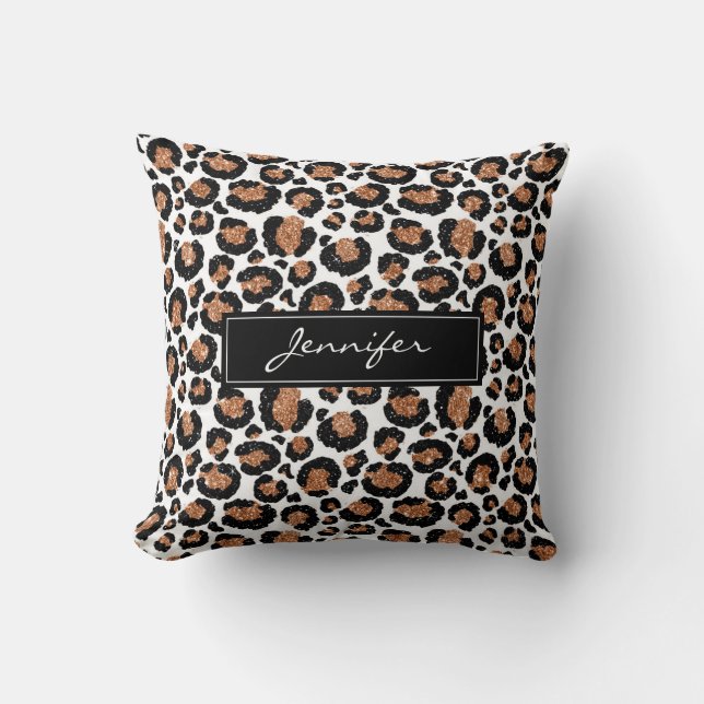 Monogram White and Gold Foil Cheetah Pattern Throw Pillow (Front)