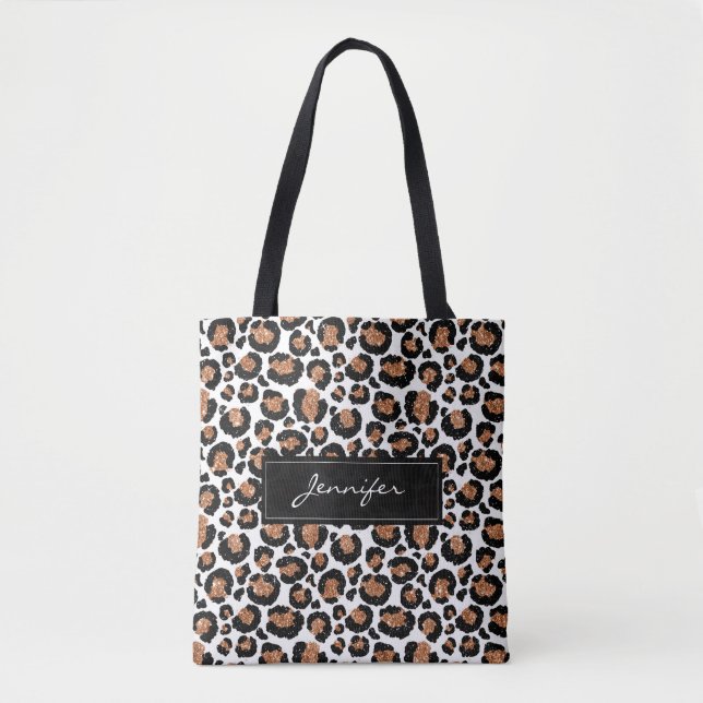 Monogram White and Gold Foil Leopard Pattern Tote Bag (Front)