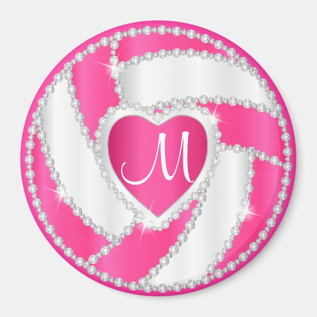 Monogram White and Hot Pink Diamond Volleyball Magnet (Front)