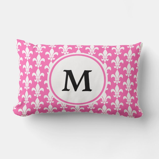 Monogram White and Hot Pink Fleur de Lis Pattern Lumbar Pillow (Front)