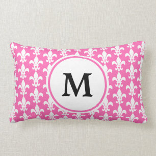 Monogram White and Hot Pink Fleur de Lis Pattern Lumbar Pillow