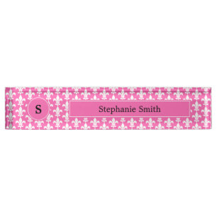 Monogram White and Hot Pink Fleur de Lis Pattern Nameplate