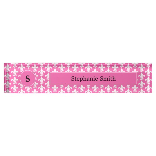 Monogram White and Hot Pink Fleur de Lis Pattern Nameplate (Front)