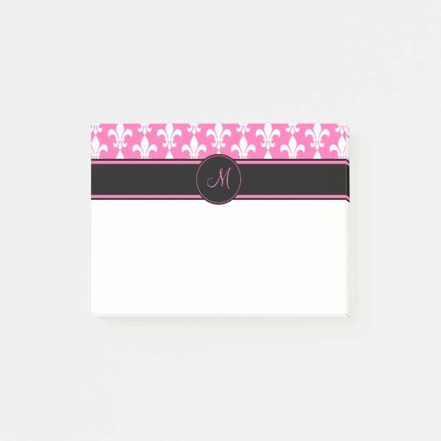 Monogram White and Hot Pink Fleur de Lis Pattern Post-it Notes (Front)