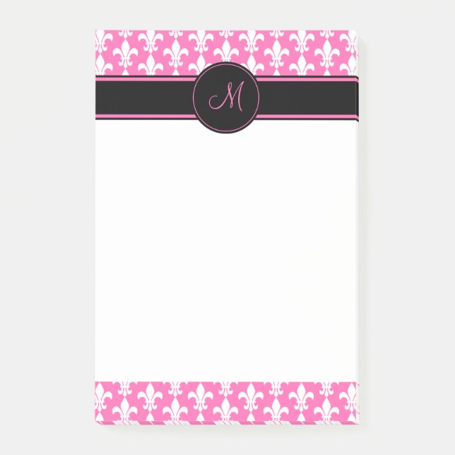 Monogram White and Hot Pink Fleur de Lis Pattern Post-it Notes (Front)