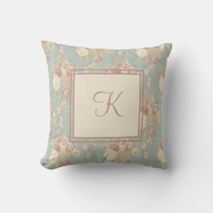 Monogram White and Pink Blush Roses on Blue  Throw Pillow