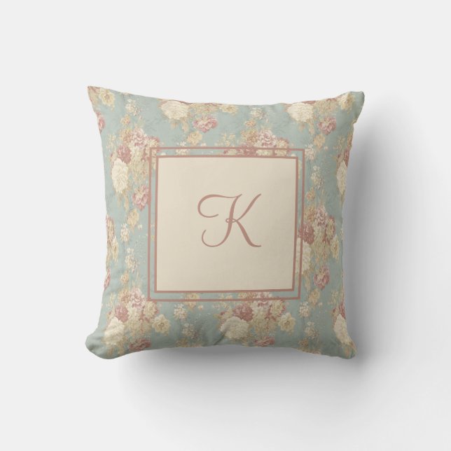 Monogram White and Pink Blush Roses on Blue  Throw Pillow (Front)