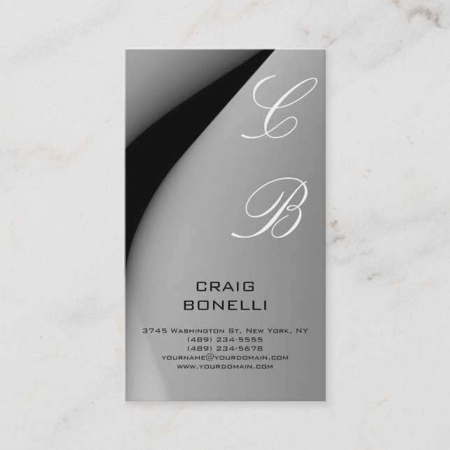 Monogram White Black Grey Plain Business Card (Front)