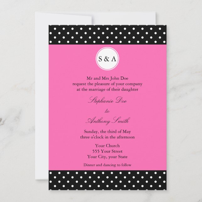 Monogram White Black, Hot Pink Polka Dot Wedding Invitation (Front)