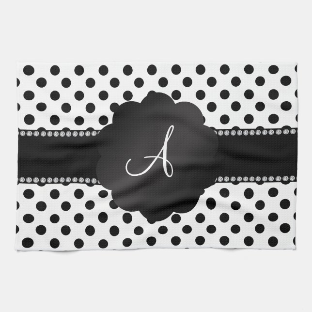 Monogram white black polka dots kitchen towel (Horizontal)