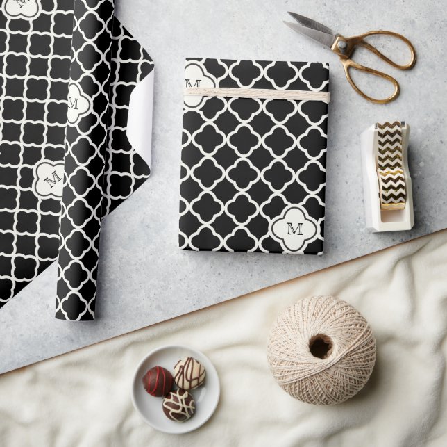 Monogram White & Black Quatrefoil Pattern Wedding Wrapping Paper (Crafts)