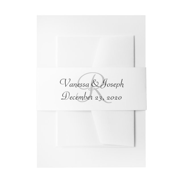 Monogram White Black Silver Wedding Invitation Belly Band (Front Example)