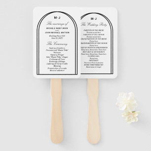 Monogram White Black Simple Arch Wedding Program Hand Fan