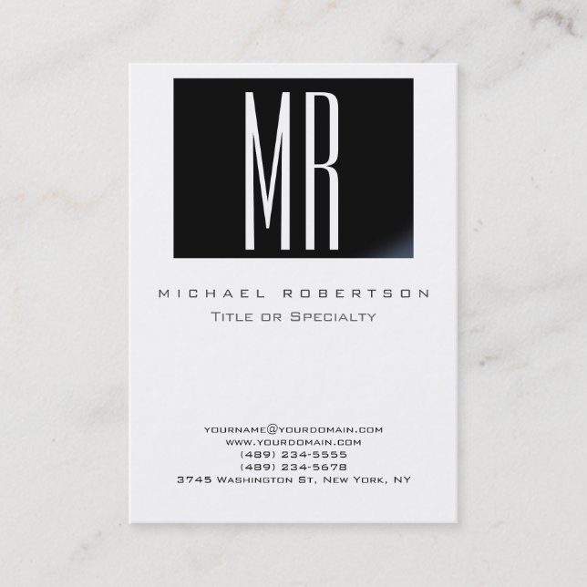 Monogram White Black Stripe Chubby Business Card (Front)