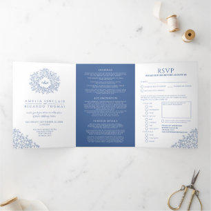 Monogram white blue leaves wedding all-in-one Tri-Fold invitation