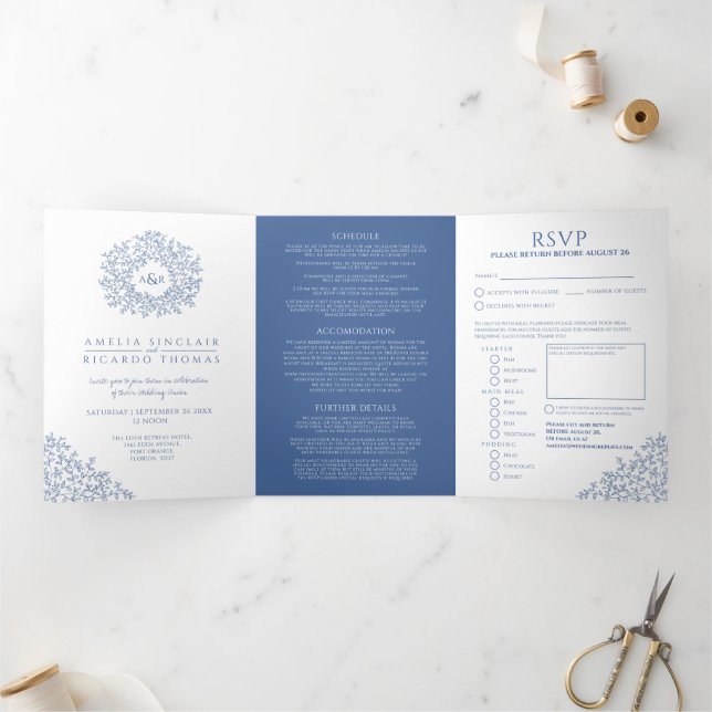Monogram white blue leaves wedding all-in-one  Tri-Fold invitation (Inside)