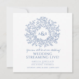 Monogram white blue leaves wedding live stream announcement