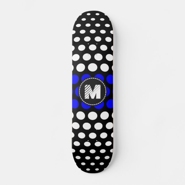 Monogram White & Blue Polka Dots Pattern Skateboard (Front)
