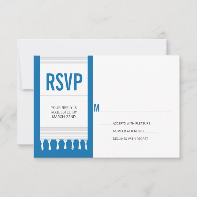 Monogram White Blue Tallit Bar Mitzvah RSVP Reply (Front)