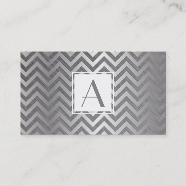 Monogram White Box Chevron Metallic Pattern Business Card (Front)