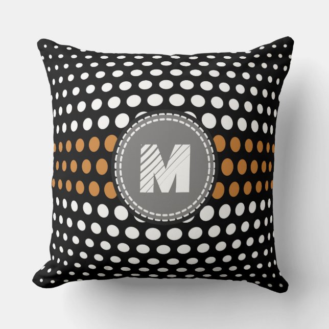 Monogram White & Bronze Polka Dots Pattern Throw Pillow (Front)