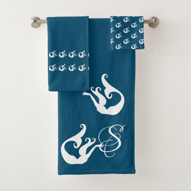Monogram White Chic Beach house Mermaid Bath Towel Set (Insitu)