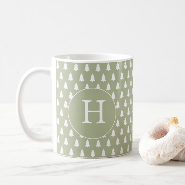Monogram White Christmas Tree Pattern Green Gift Coffee Mug (With Donut)