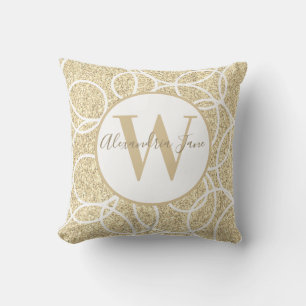 Monogram White Circle Gold Glitter Modern Abstract Throw Pillow