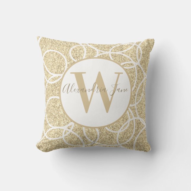 Monogram White Circle Gold Glitter Modern Abstract Throw Pillow (Front)