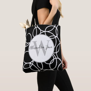 Monogram White Circles Black Modern Abstract Tote Bag