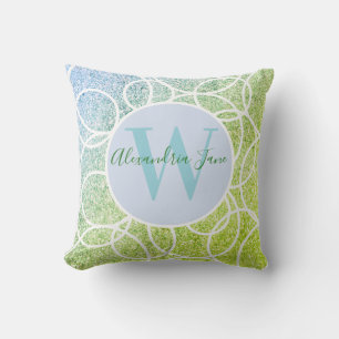 Monogram White Circles Blue Green Glitter Throw Pi Pillow