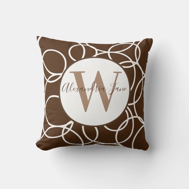 Monogram White Circles Brown Modern Abstract  Throw Pillow (Front)