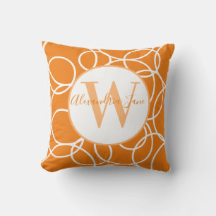 Monogram White Circles Orange Modern Abstract Throw Pillow