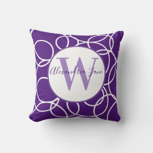Monogram White Circles Purple Modern Abstract Throw Pillow